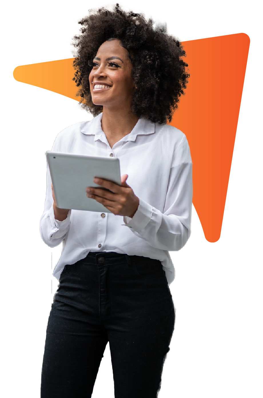smiling person holding tablet