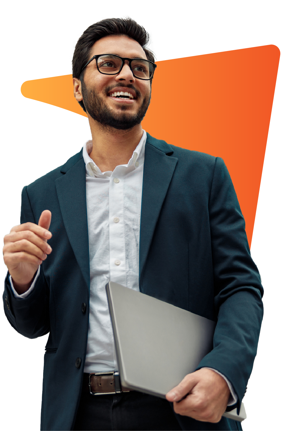 smiling business man holding laptop