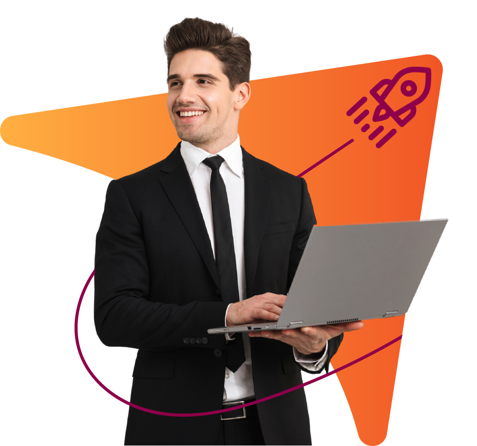 smiling man holding laptop computer