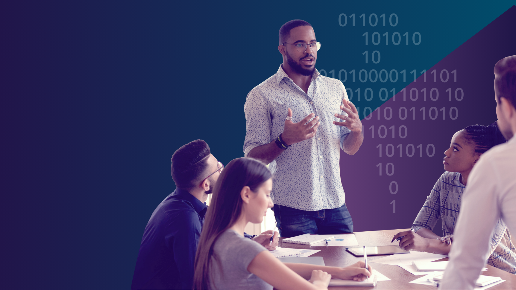 young salesman guiding a buying team through the process of investing in AI