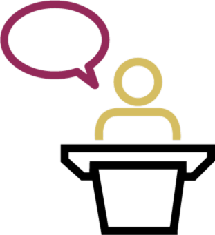 icon of a person standing at a podium delivering the keynote for a sales kickoff meeting