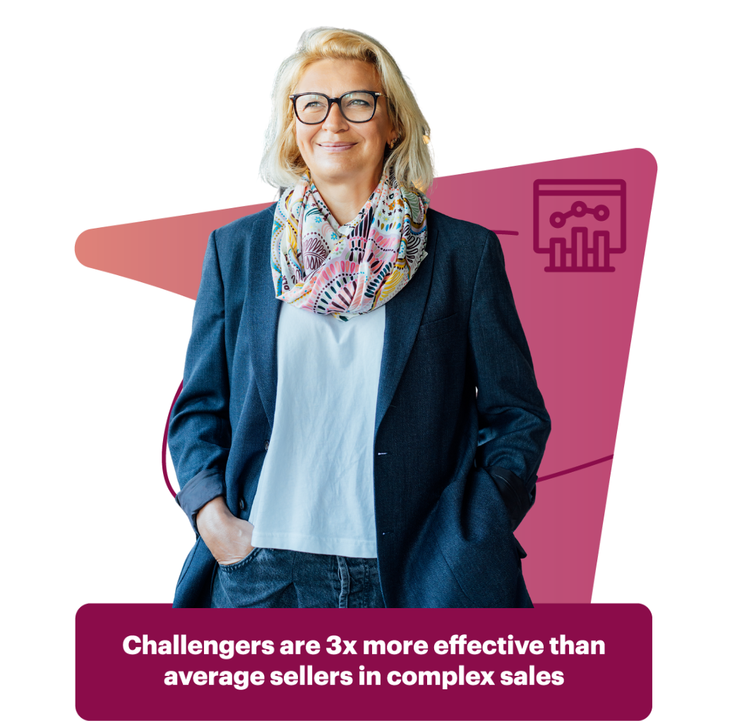sales woman standing confidently in front of a graphic