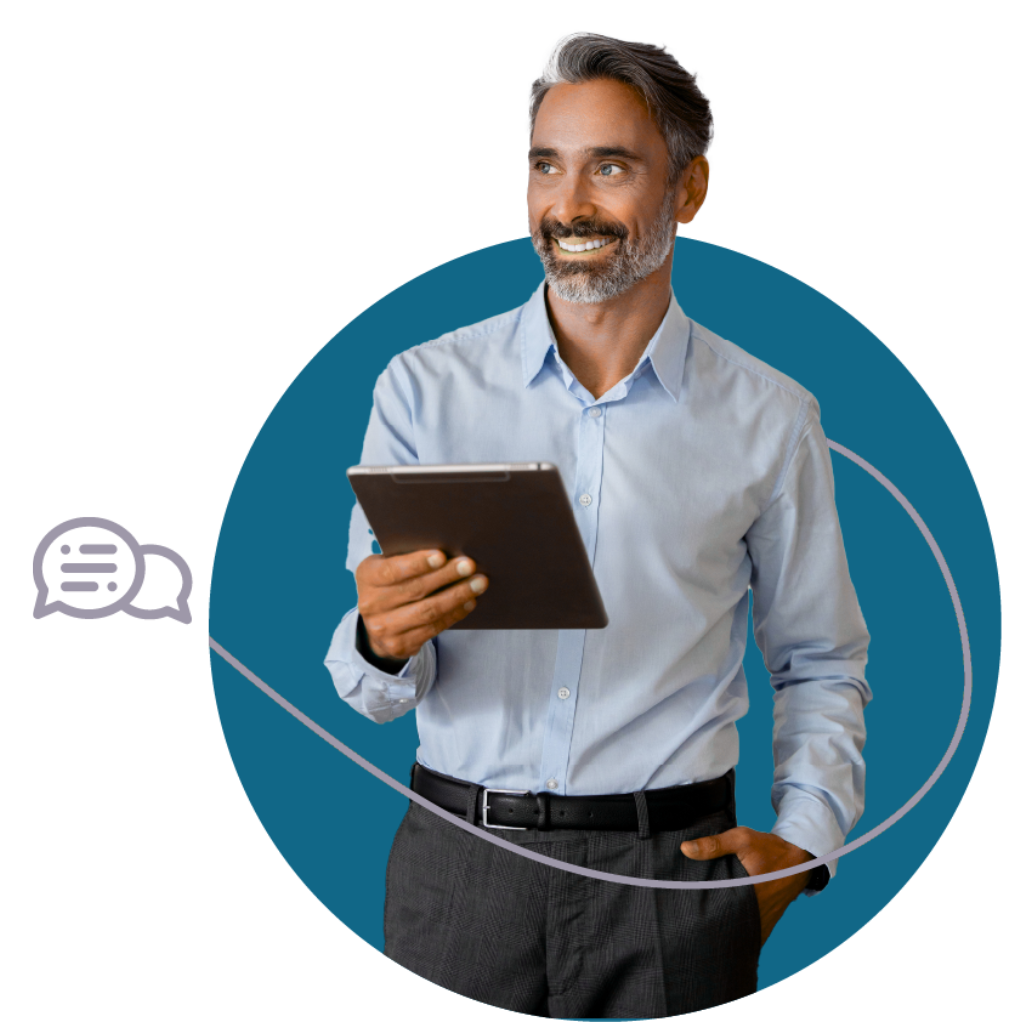 sales man holding a tablet working on learning how to sell like a challenger