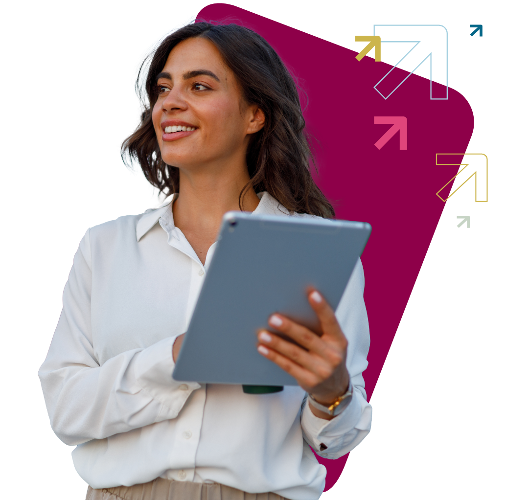 sales woman holding tablet filled with the ai sales tools she needs to succeed from challenger